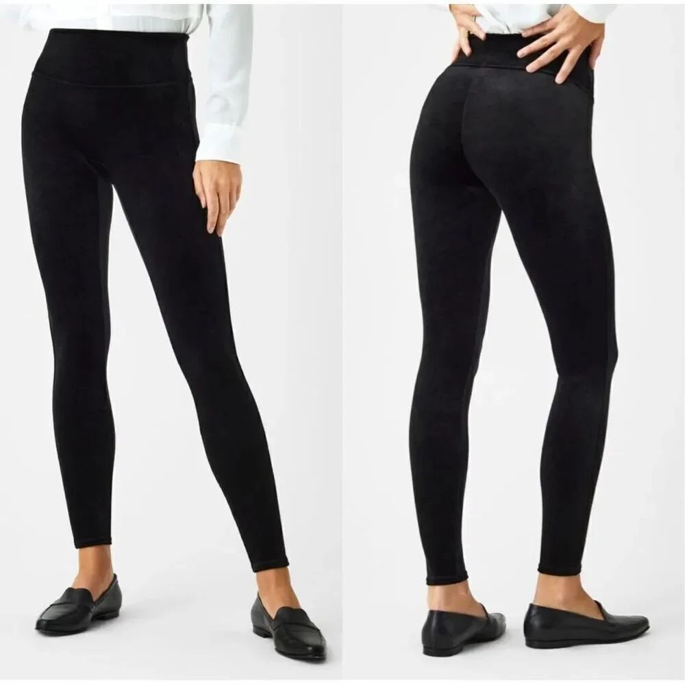 SPANX Black Velvet Velour Leggings High Waisted Tummy Control Med